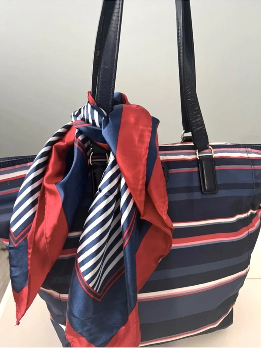 Tory Burch Nylon Stripe Zipper Tote Navy with red & navy comes with a scarf